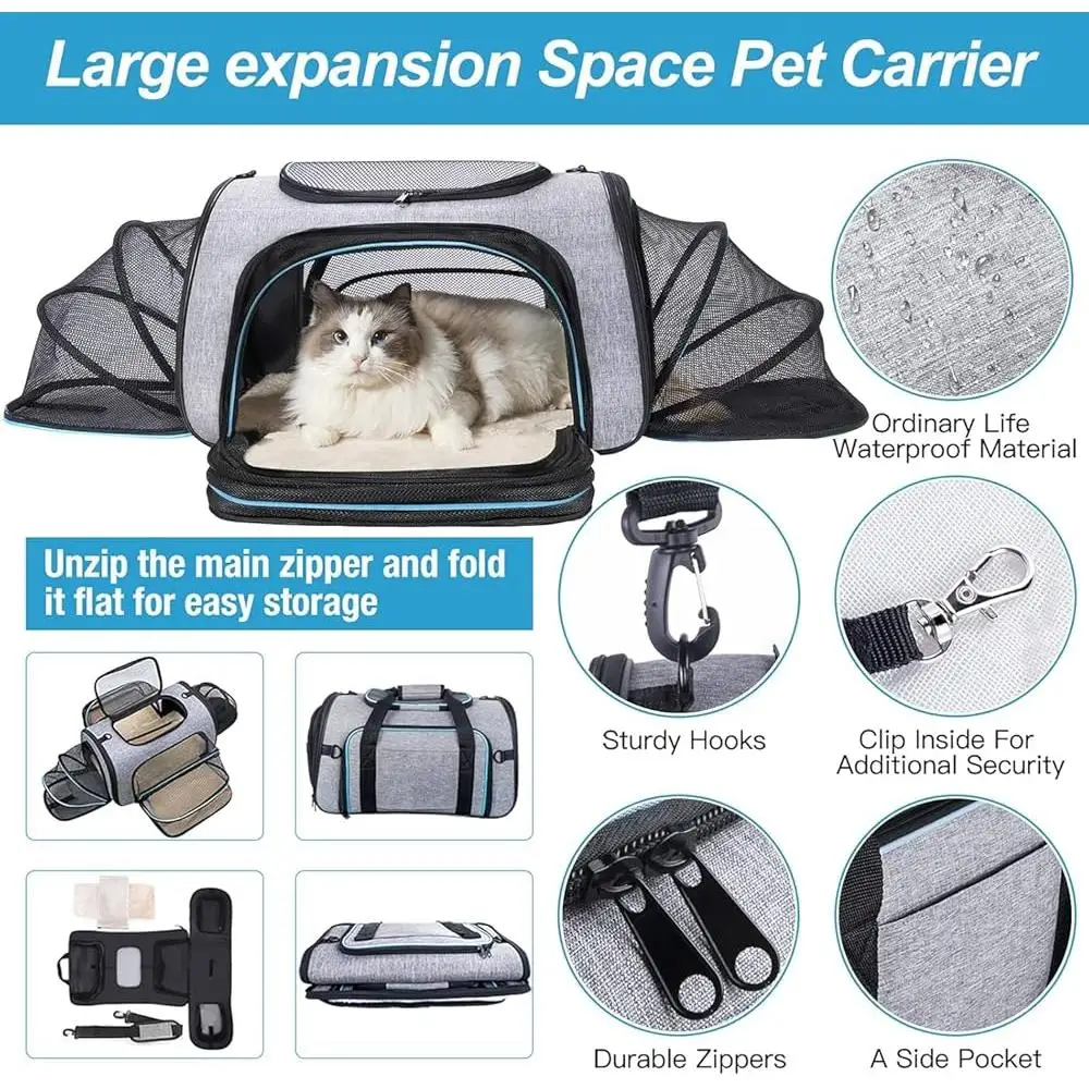 Airline Approved Expandable Soft-Sided Pet Carrier Collapsible Cat Dog Bag with Removable Fleece Pad Multi-Entrance Design
