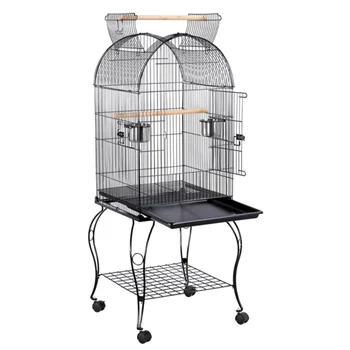 Metal Rolling Bird Cage With 2 Feeders And 2 Wooden Perches Black.jpg