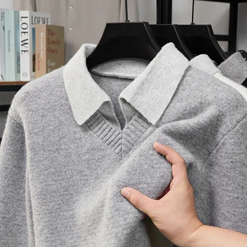 Autumn Winter New Men's Contrast Color Lapel Fake Two Piece Sweater Original Design Minimalist British Style Knitwear Men'swear
