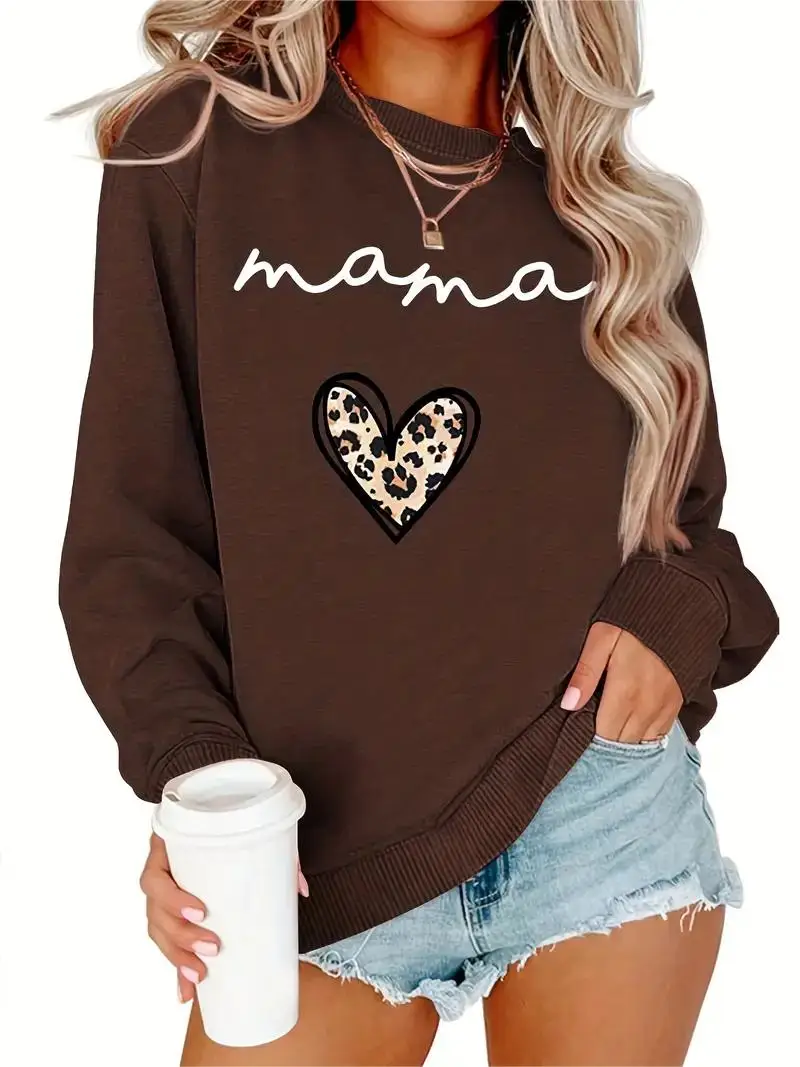 Women's Leopard Heart Print Sweatshirt, Casual Pullover, Long Sleeve, Crew Neck, Women's Clothing, Fall, Winter