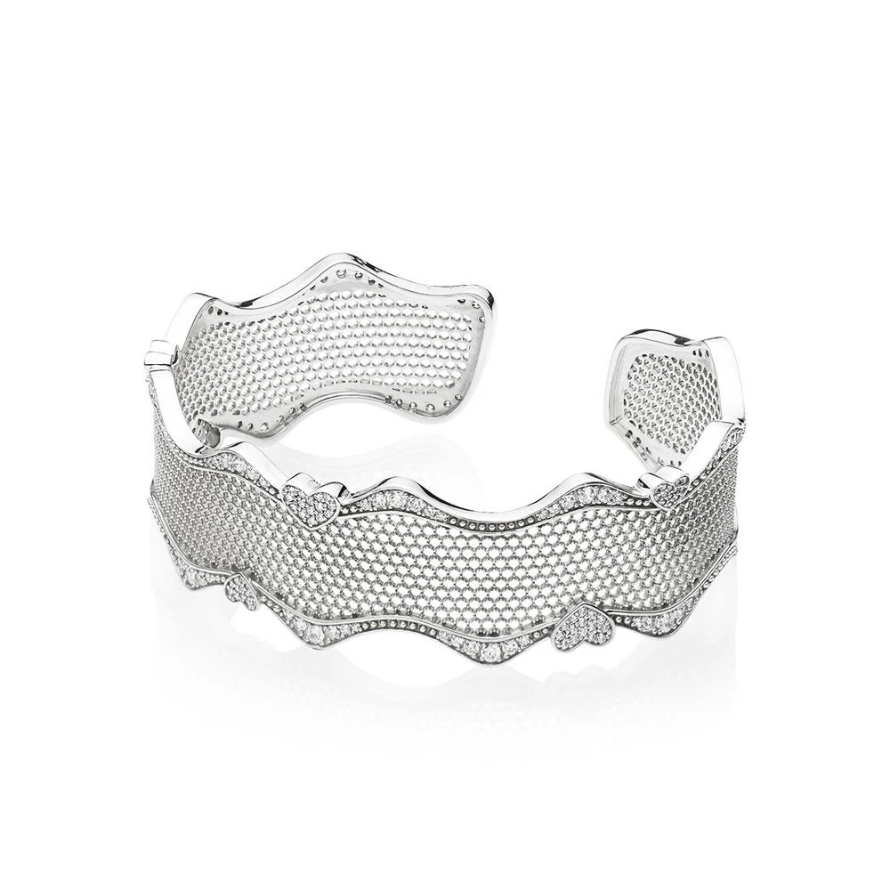 

Authentic 925 Sterling Silver Pave Hearts Lace of Love Heart Fashion Cuff Bangle Fit Women Bead Charm Gift DIY Jewelry