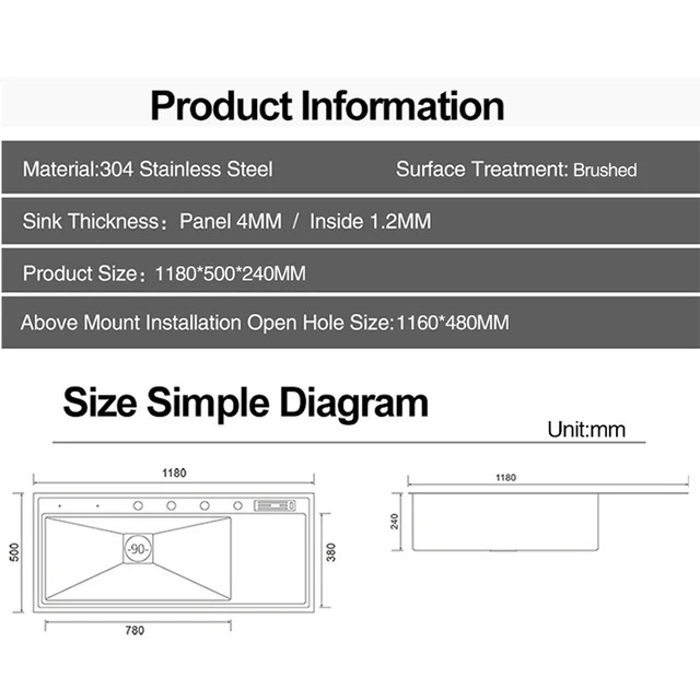 ASRAS ขนาดใหญ่ Handmade แปรงเดี่ยวอ่างล้างจาน4มม.ความลึก240มม.จานมีช่องระบายน้ำมีดครัวครีบ 6