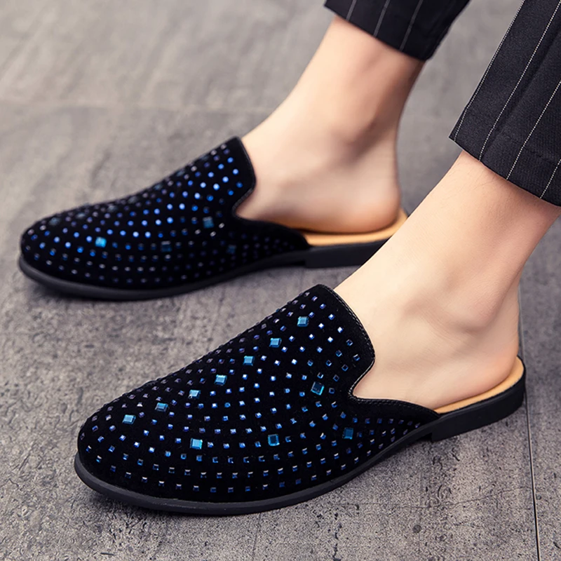 Mules de cuero para hombre, zapatillas informales ante sin cordones, mocasines con diamantes y espalda descubierta, talla grande