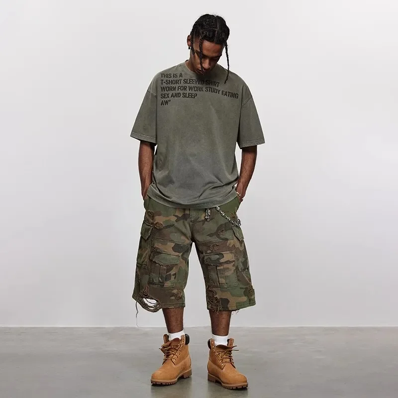 Destroy Camouflage Grinding Washed Cropped Pants Ripped Shorts Loose Wide-leg Shorts 3