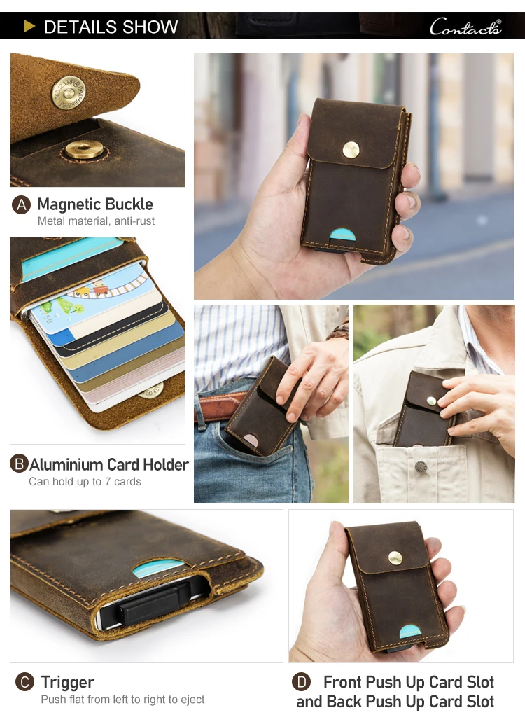 Männer Kreditkarte Halter Aluminium Box Aus Echtem Leder Schlanke Brieftasche Klappe Design RFID Anti-diebstahl Schutzhülle Karten Fall Smart geldbörse – Detail 5