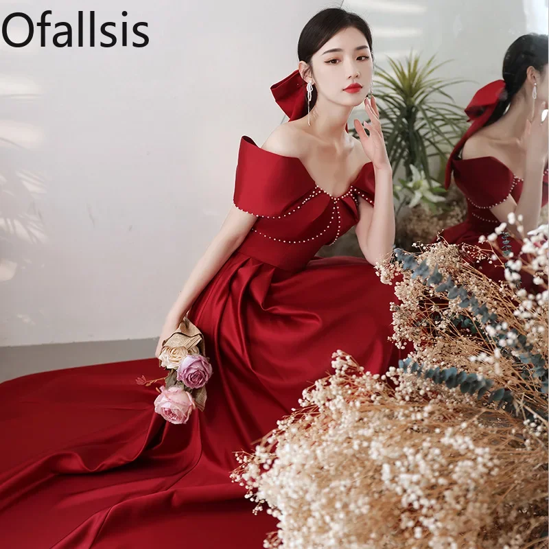 

Ofallsis Wine Red Off Shoulder Beaded Toast Dress Bride 2023 New Autumn Style Simple Elegant Engagement Slimming Party Dresses