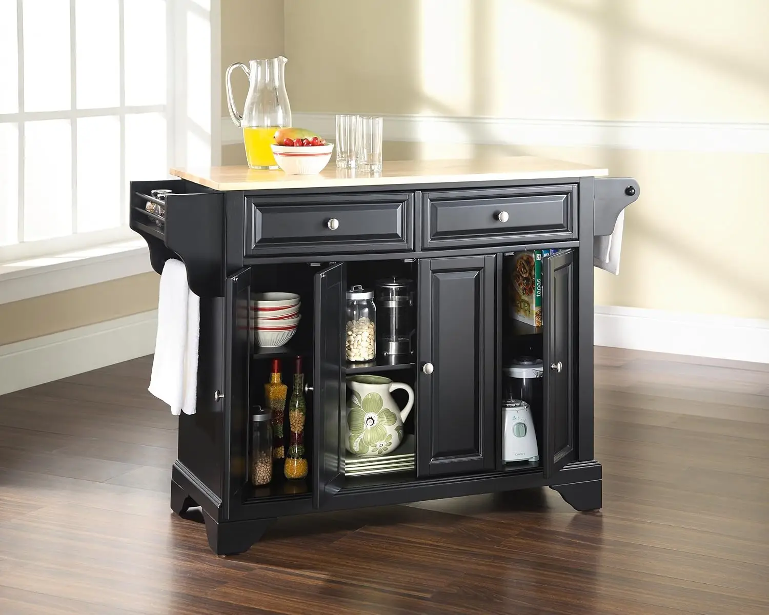 Lafayette Full Size Kitchen Island with Natural Wood Top, Black