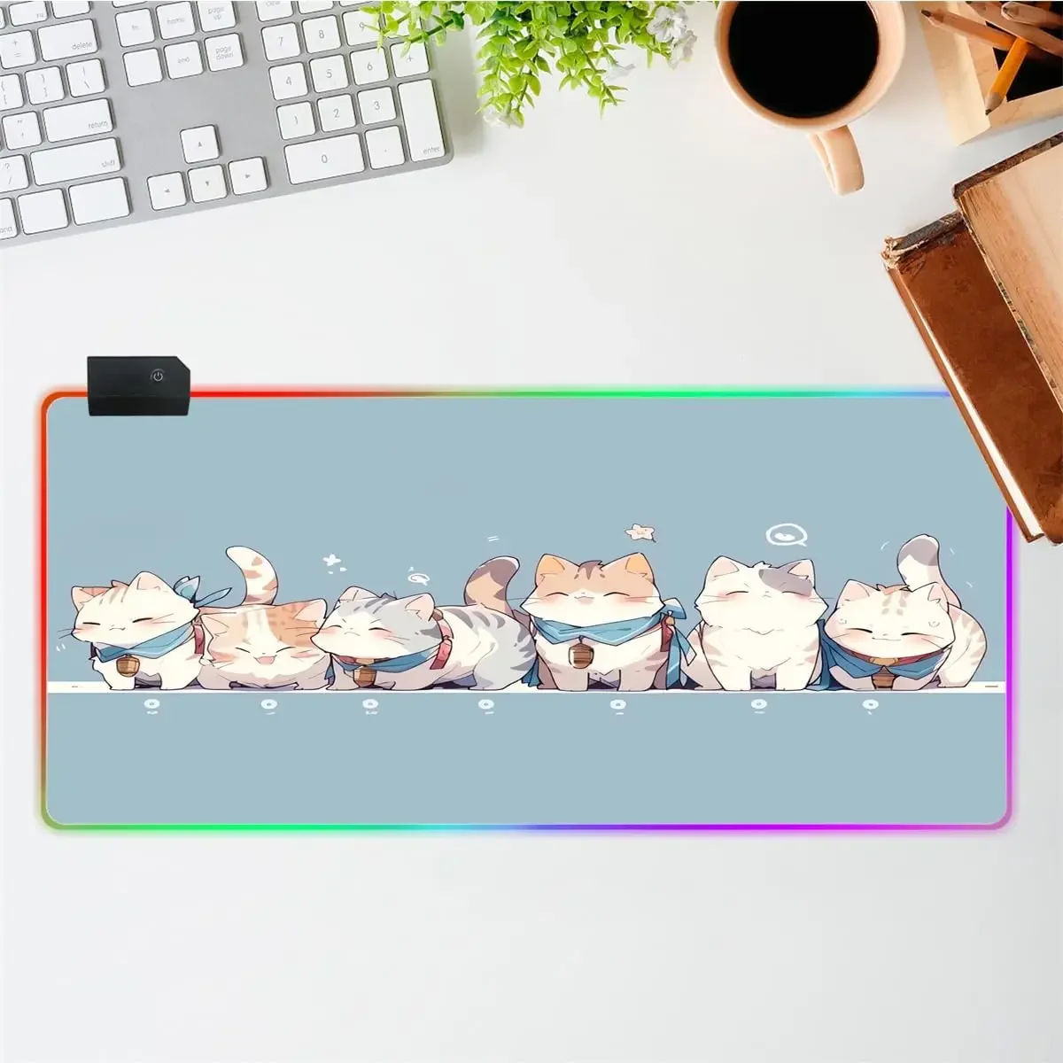 Anime Blue RGB Gaming Mouse Pad Large LED Light Desk Mat Non-Slip Base Laptop Mat Cute Animal Cats Mousepad Big Computer