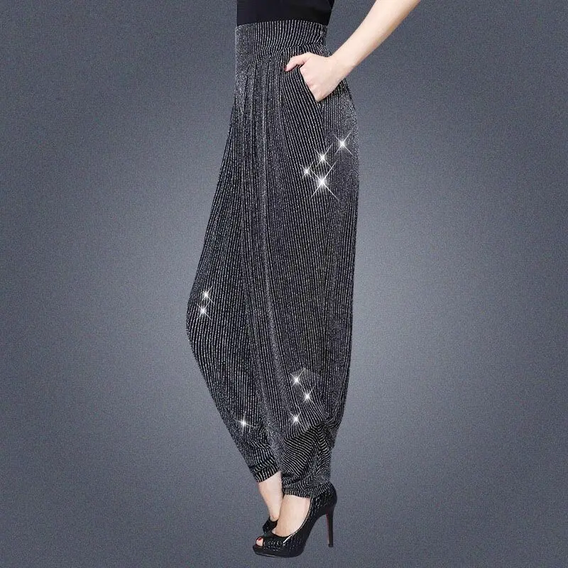2023 Casual Bright Silk Bloomers Spring Summer Elastic High Waist Stretch Pantalones All-Match Pocket Loose Plus Size Trousers