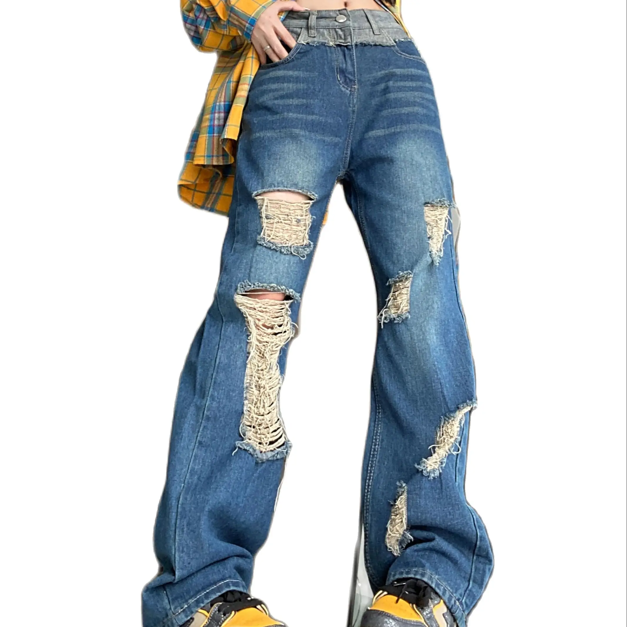 

Girls Jeans Vintage Washed Worn Out with Holes Long Design High Waist Cotton Women Denim Pants