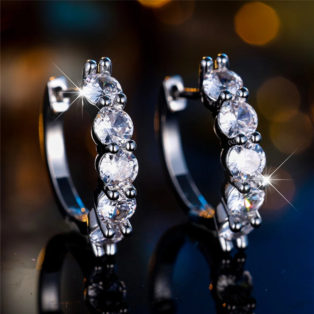 Crystal White Zircon Stone Round Hoop Earrings For Women Fashion Female Silver Color Wedding Jewelry