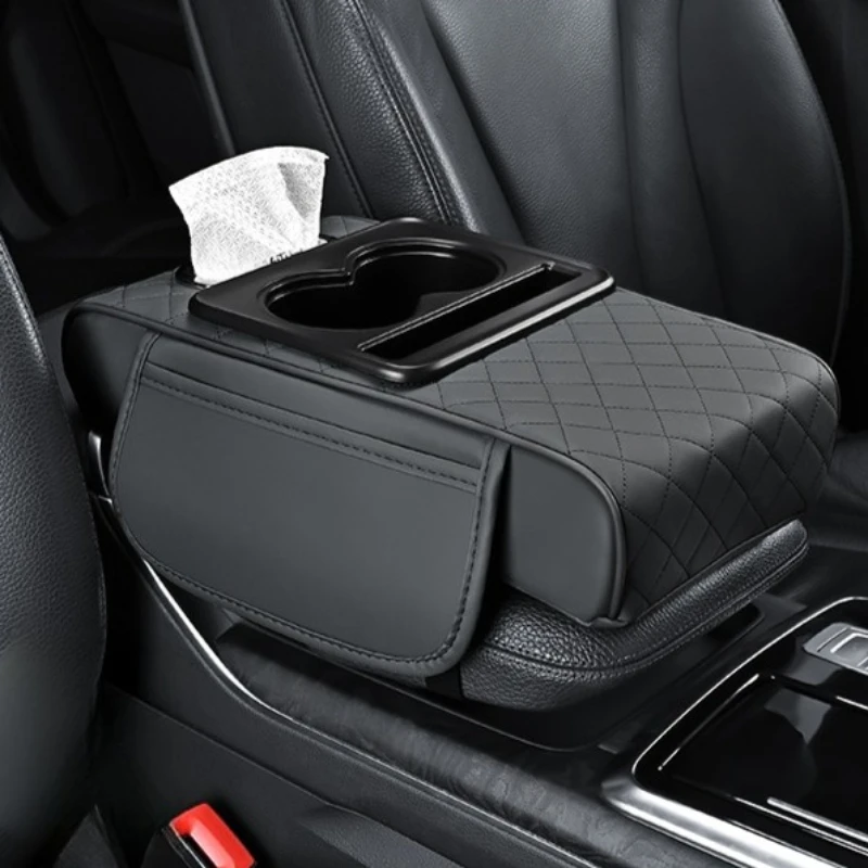 Car Center Console Armrest Cushion Thicken Arm Rest Box Pad Side Extension Cushion with Cup Holder Tissue Box Organizer Bag