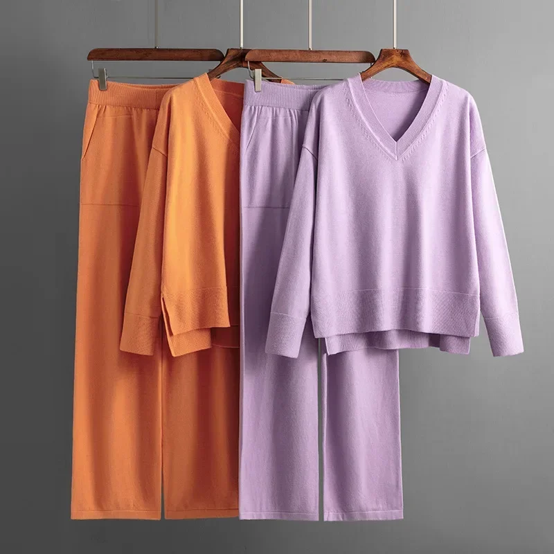 

2023 Women Knitted Suits Autumn Winter Pants Suit Loose Solid Color Pullover Knit Sweaters Tops Wide Leg Trousers Two Piece Set