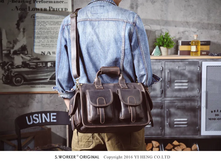Vintage handgefertigte Herren-Aktentasche aus Crazy-Horse-Rindsleder mit mehreren Taschen, luxuriöse Business-Handtasche aus echtem Leder mit großem Fassungsvermögen für Laptops. – Detail 7