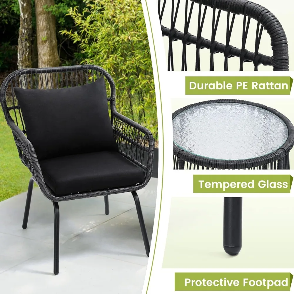 3 Piece Rattan Wicker Bistro Set, Outdoor Conversation Furniture Set with Glass Top Table, Space Saving for Balcony, Backyard 5