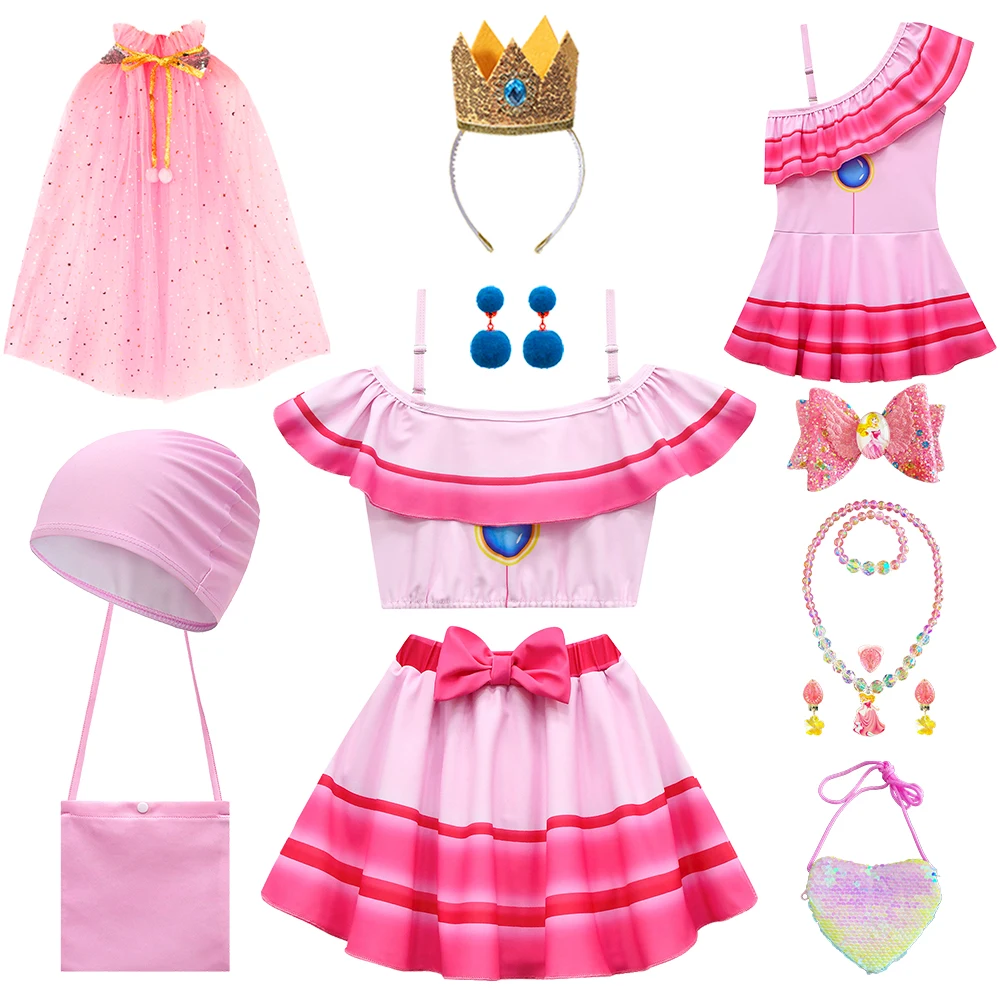 2023 Super Bros Summer Girls Anime Costume Da Bagno Princess Peach Swimwear Holiday Party Pink Cute Bikini Kids Tulle Abbigliamento Per La Protezione 