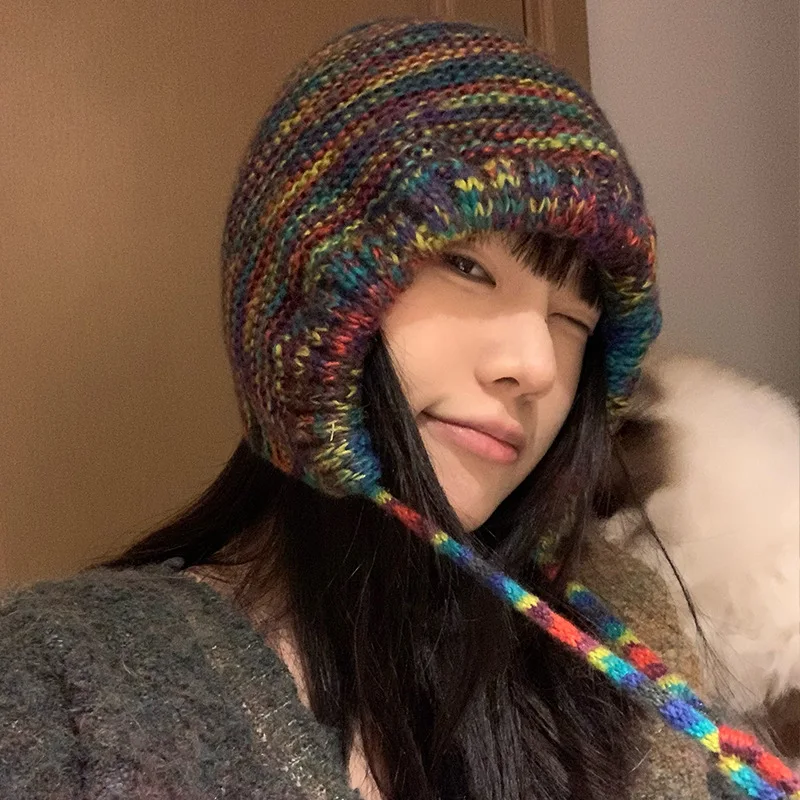 

Autumn and Winter Women's Rainbow Stripe Ear Protector Knitted Hat Show Face Small Lace up Contrasting Color Baotou Pullover Hat