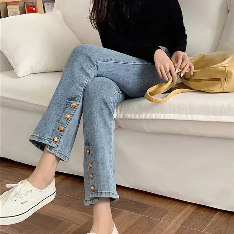 

Black Straight Denim Pants Women's Split Design Spring High Elastic Pants High Waist Plus Size Wide Leg Jeans Cropped Pants