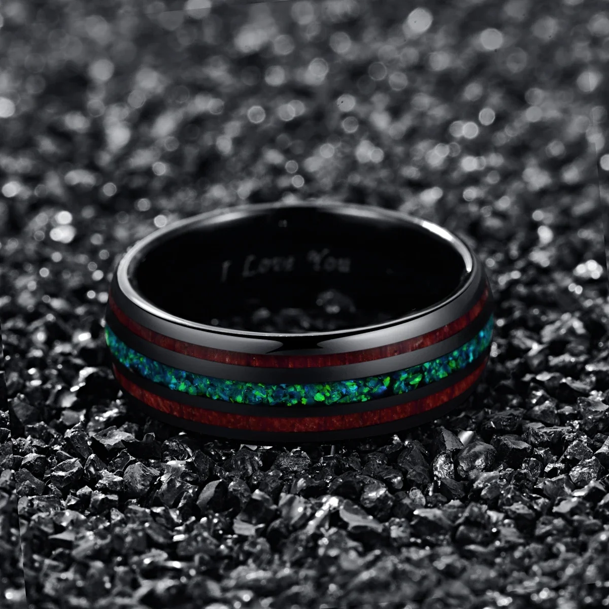 Nuncad Comfort Fit 8mm Natural Acacia Wood Ring with Letter  I Love You Green Opal Tungsten Carbide Ring For Men Name 2