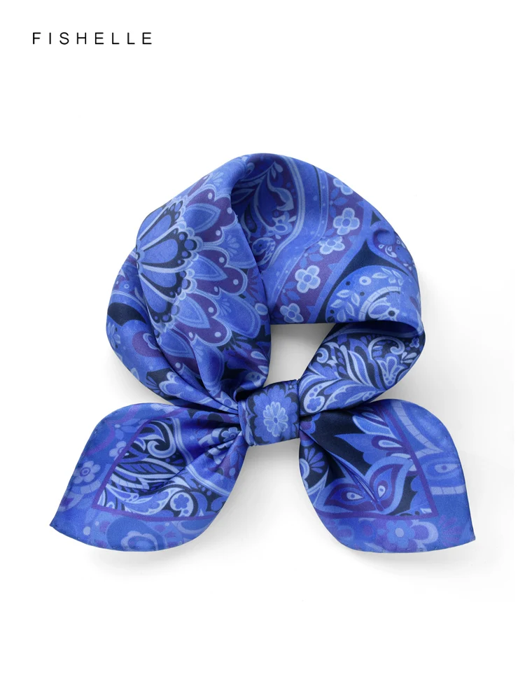 

Blue cashew flower printed natural silk scarf small square scarves female spring autumn paisley hijab for men adults gifts