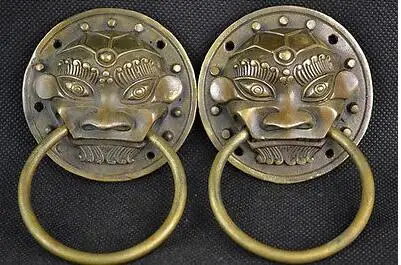 

A Pair Medicine old China Decorated Handwork Copper Carving Dragon Exorcism Door Holder Statue