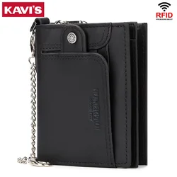 Premium RFID Blocking Leather Wallet with Zipper Coin Pocket and Security Chain (Black)