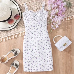 Girls' Summer Dresses Casual Suspender Square Neck Sleeveless Floral Print Dress Clothing for Girls 8 9 10 11 12 Years Old