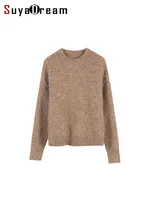 SuyaDream Warm Alpaca Pullovers for Woman, Dropped Sleeved Loose Sweaters, 2025 Fall Winter Top, Camel, Beige