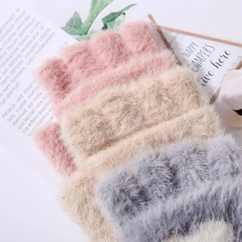 Cartoon Cat Paw Gloves Fingerless Flip Mittens Winter Warm Fleece Touch Screen Gloves Flip Knit Mittens For Women Girls paw patrol gloves cat gloves winter gloves