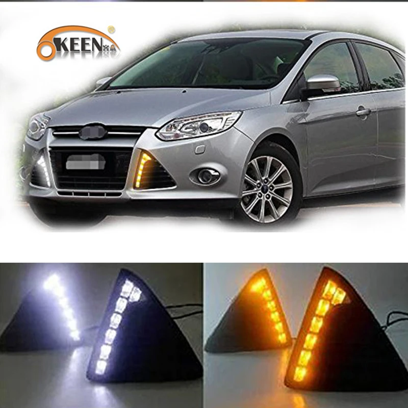 

Gloss 12V светодиодный Автомобильные дневные ходовые огни для Ford Focus 3 2012 2013 2014 2015 DRL, Белый Сигнал поворота, фонарь с желтым светом 2X