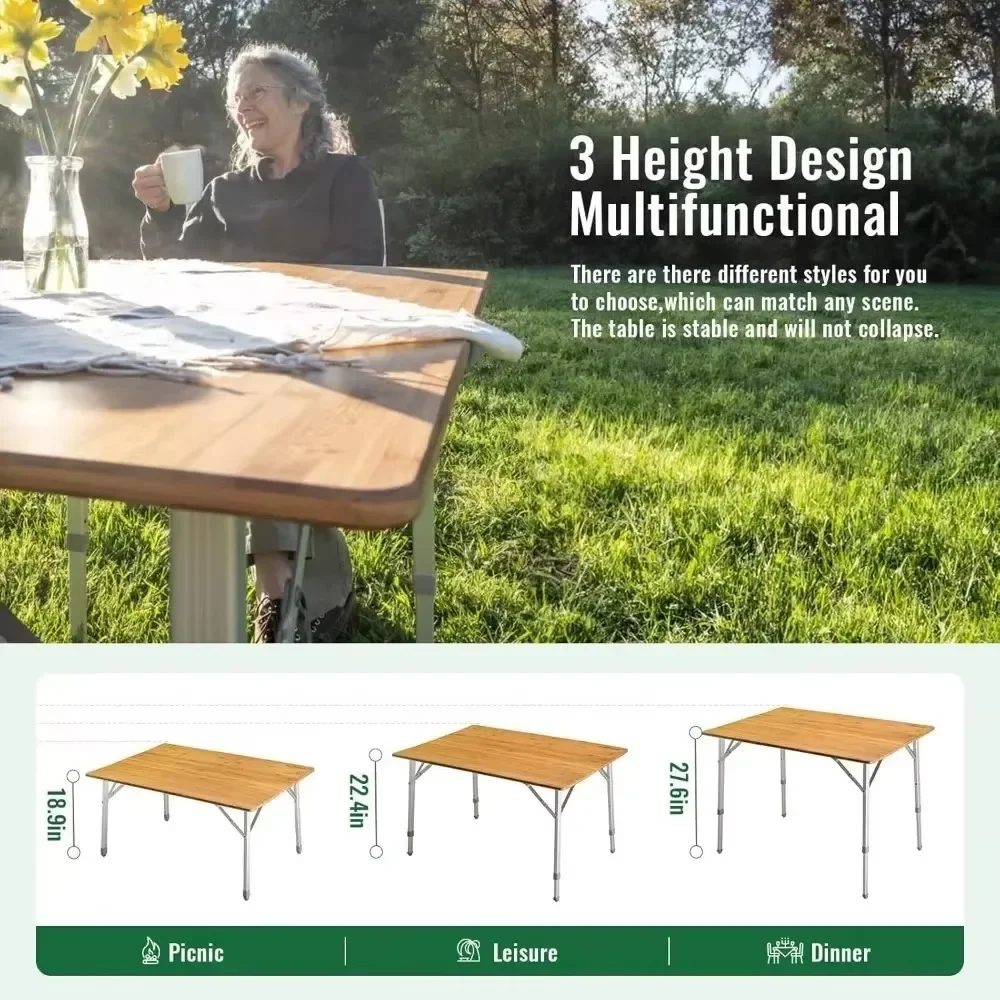 Bamboo Folding Table Portable Camping Table Adjustable Height Camping for Travel Picnic Beach Outdoor and Indoor Tables