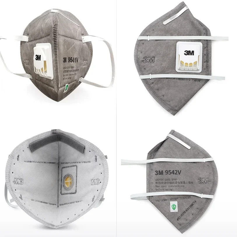 Masque KN95 3M 9541V/9542V réutilisable avec valve, de profil, détaillant les élastiques et le pince-nez.