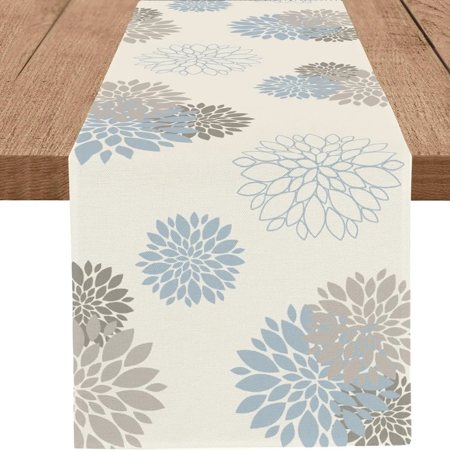 Blue Gray Dahlia Linen Table Runner - Farmhouse Style Holiday Decoration