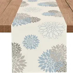 Blue Gray Dahlia Linen Table Runner - Farmhouse Style Holiday Decoration - 200x33cm 78.7x13inch (Light Blue Grey)