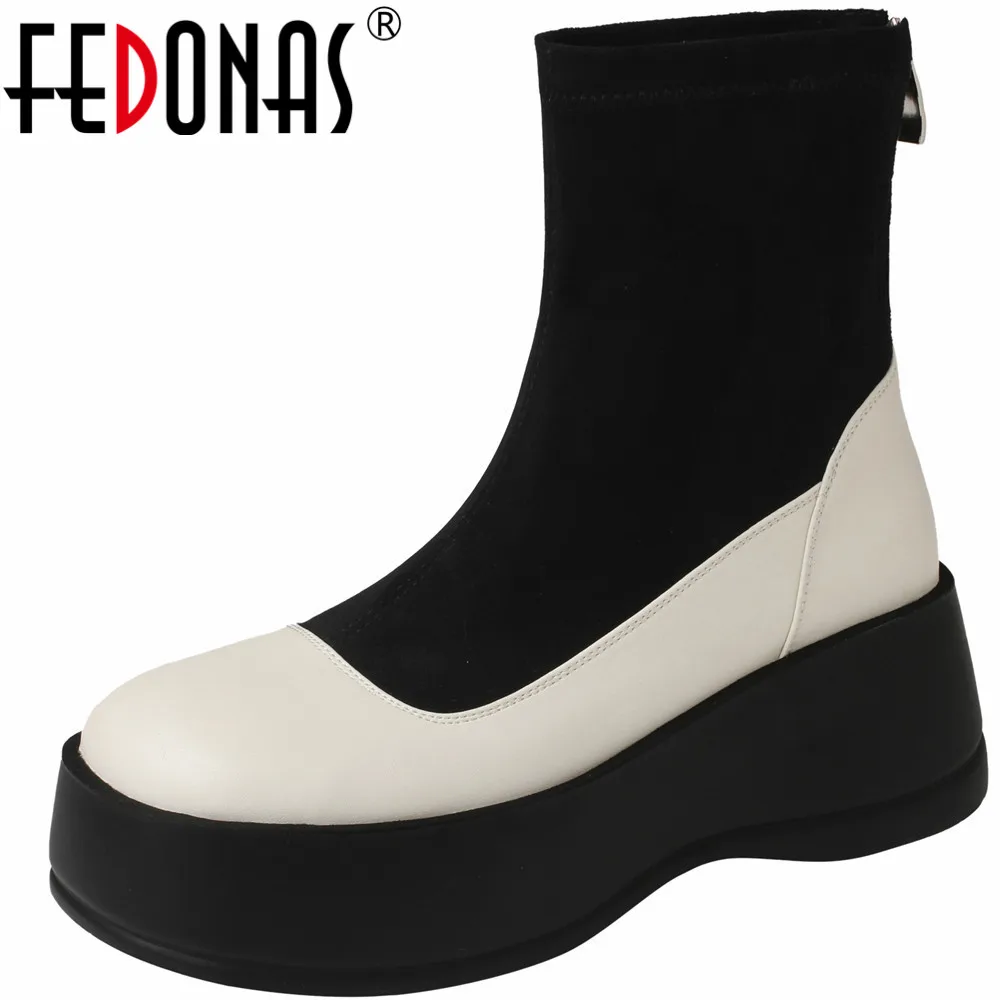 

FEDONAS Women Ankle Boots Autumn Winter Splicing Genuine Leather Back Zipper Thick Platforms Shoes Woman Casual Short Boots New