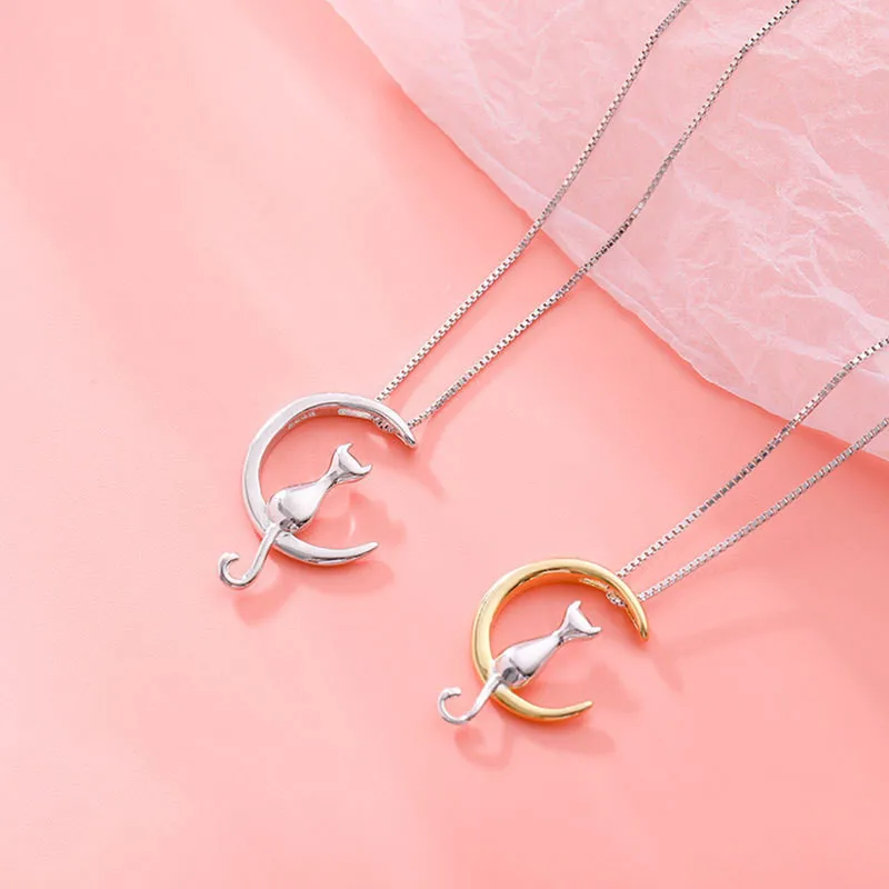 Pendant Necklace Silver Necklace Silver Pendant Silver Necklace Charms 925 Sterling Silver Moon Cat for Women Girl