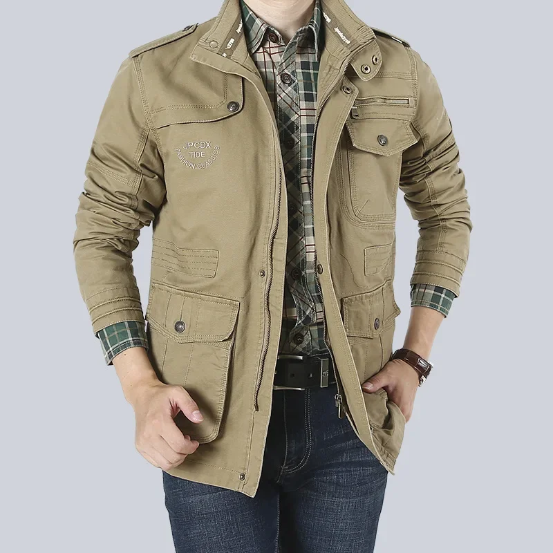 

Autumn/Winter New Jacket Winter Men's Mid Length Multi Pocket Casual Coat Standing Collar Large