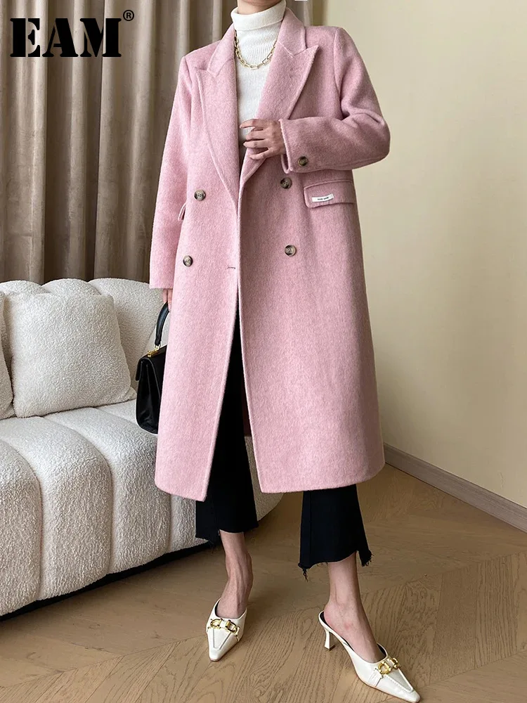 

[EAM] Loose Fit Gray Elegant Big Size Warm Woolen Coat New Lapel Long Sleeve Women Jacket Fashion Autumn Winter 2024 1DH0660