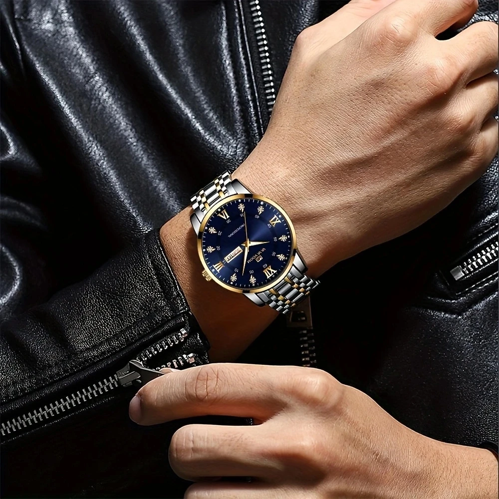 Luxury Mens Stainless Steel Hand Blue Gold Water Diamond Night Glow Weekly Calendar Movement  Free Shipping Fashion Quartz Watch