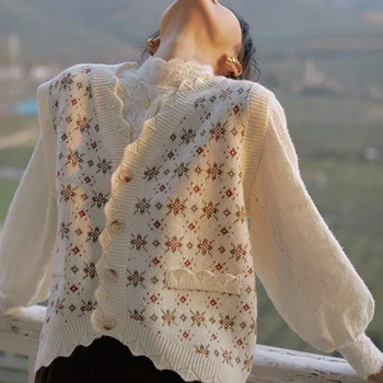 레트로 브 넥 스웨터 조끼 조끼 카디건 겉옷 여성 서양식 달콤한 프린트 양복 조끼 스웨터 조수