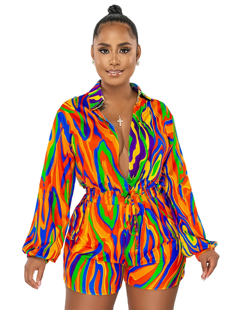 

Sexy Prints Shirts Shorts Jumpsuit Women Deep V-Neck Long Sleeves Evening Night Club Outfits Weddings Party Bodycon Jumpsuit