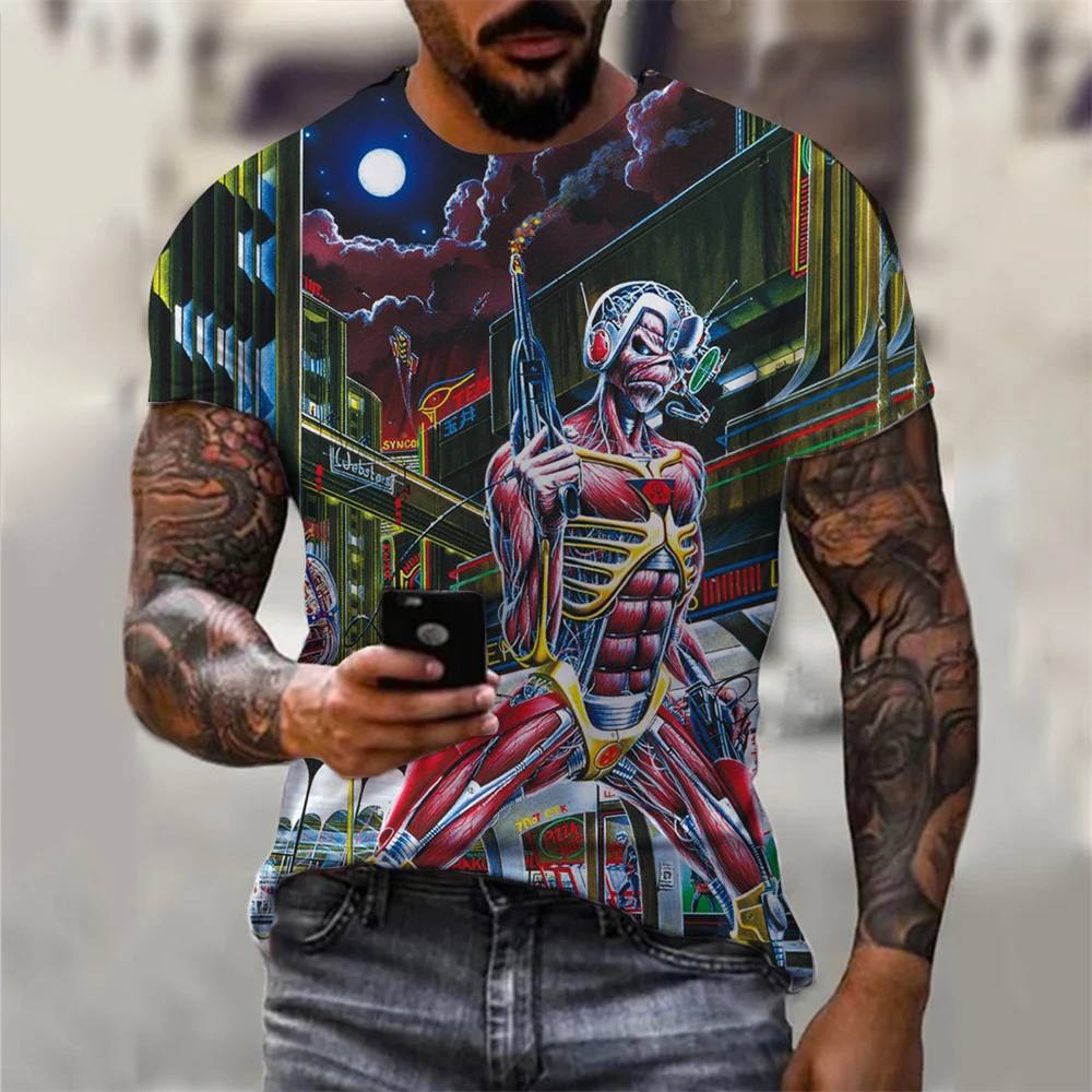 Mens 3D Skull T-Shirt - Black Gothic Short Sleeve Halloween Top