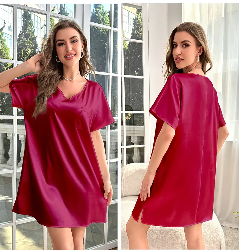 

Short Sleeve Nightdress Female Nightgown Solid V-Neck Home Dressing Gown New Spring Summer Sleepwear Loose Satin Lounge Wear