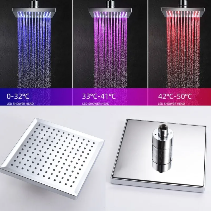 

LED Rainfall Shower Head Pommeau De Douche Square Automatically RGB Color Changing Temperature Sensor Water Showerhead Bathroom