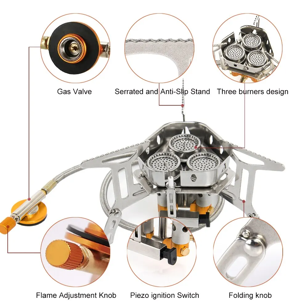 Fornello A Gas Da Campeggio 19800 W – 7 Fiamme In Rame, Accensione Elettronica, Antivento, Pieghevole, In Acciaio Inox Con Custodia