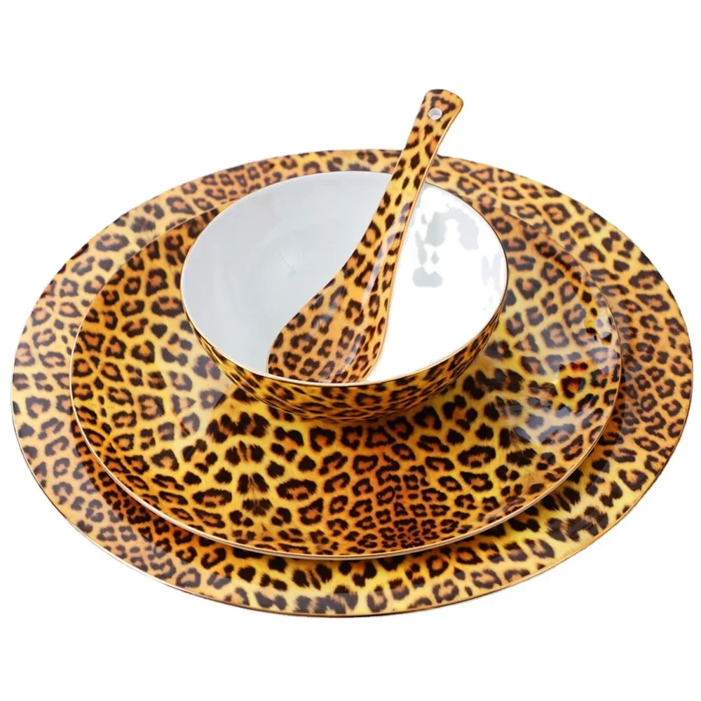 Leopard Pattern Bone China Western Food Plate Bowl Ceramic Knife Fork Spoon Coffee Tea Cup Hotel Clubhouse Restaurant Tableware