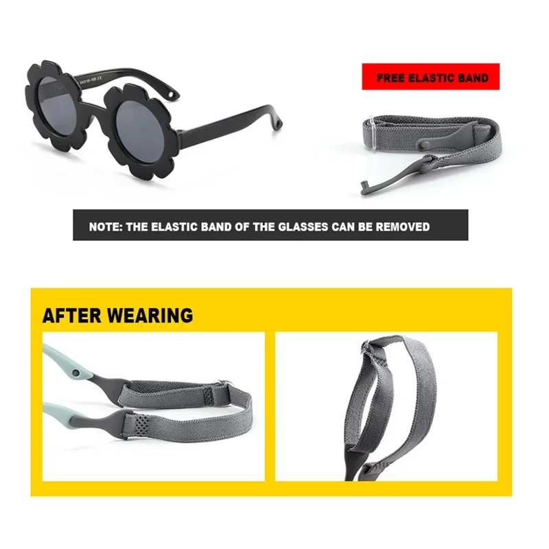 Kids Sunglasses 0-3 Years Polarizrd with Belt Flexible Durable Round Flower Silicone Frame Mirrored UV400 Lens Eyewear