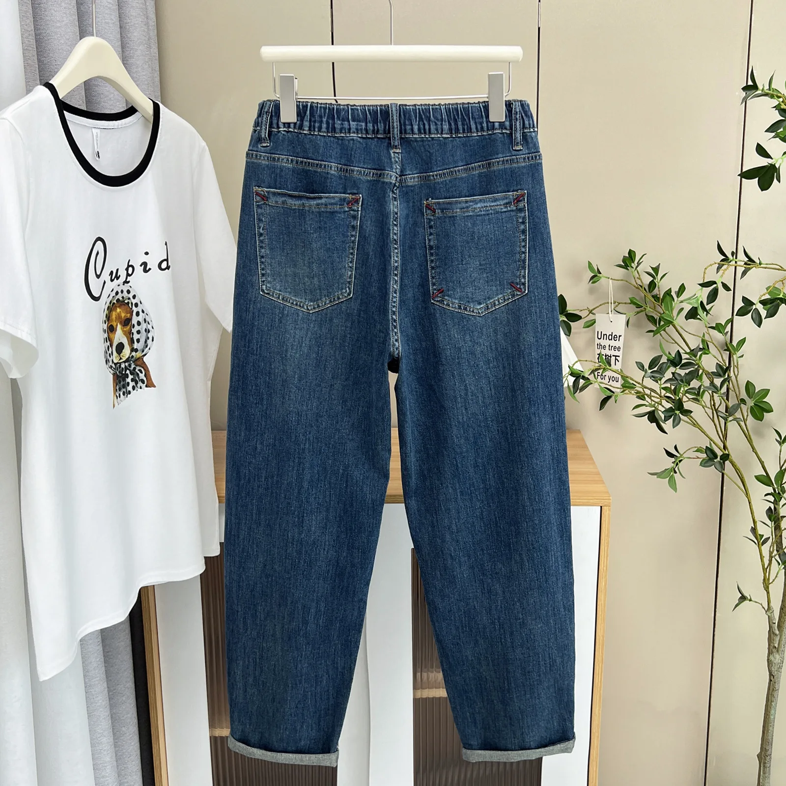 Premium Jeans 100KG Plus Size Women's Simple And Casual Double Button Thin Denim Harem Pants 5339