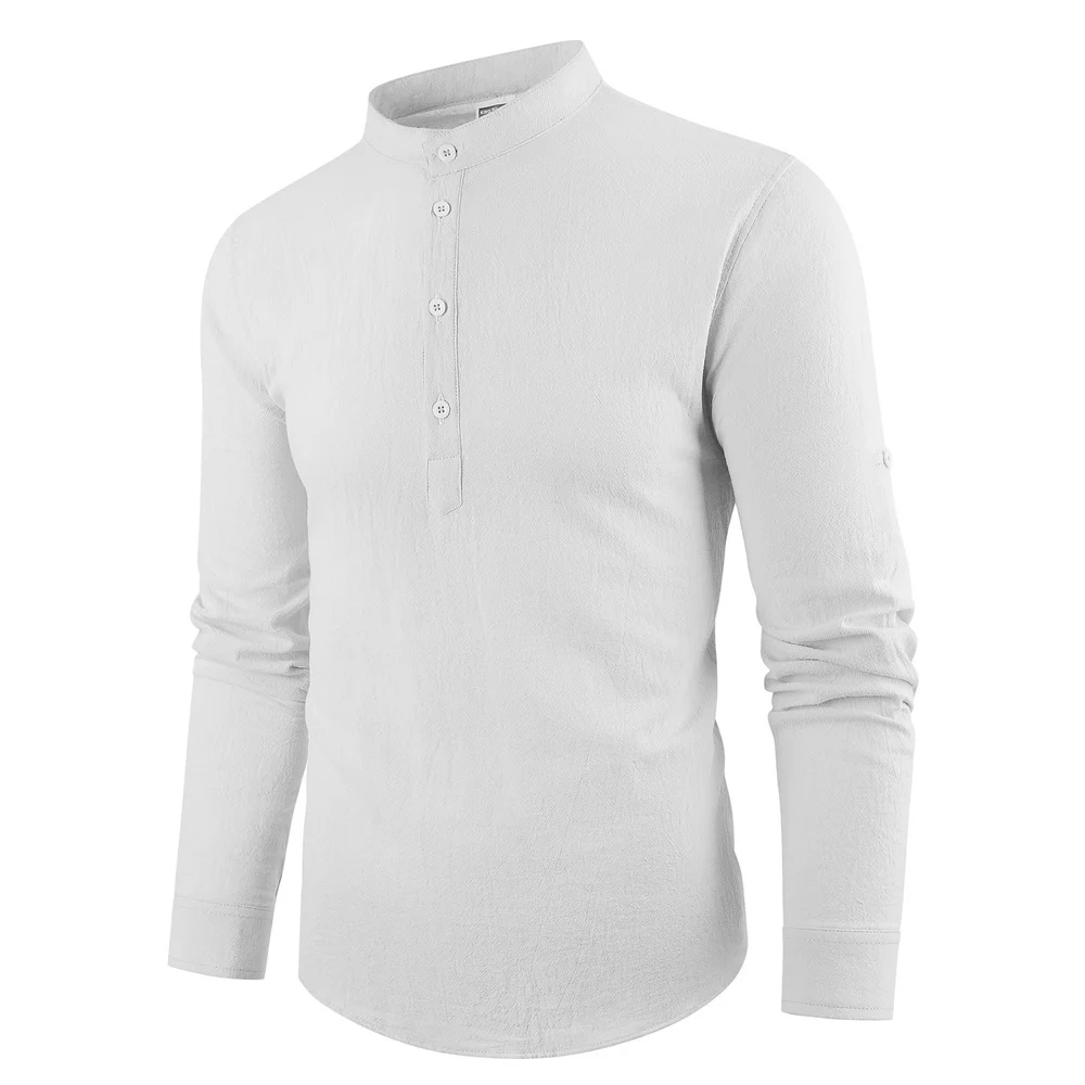 Frühling Sommer Neue männer Langarm Henley Neck Männliche Polo-Shirt Baumwolle Leinen Leichte Atmungsaktive Grundlegende Stil Taste Top – Detail 23