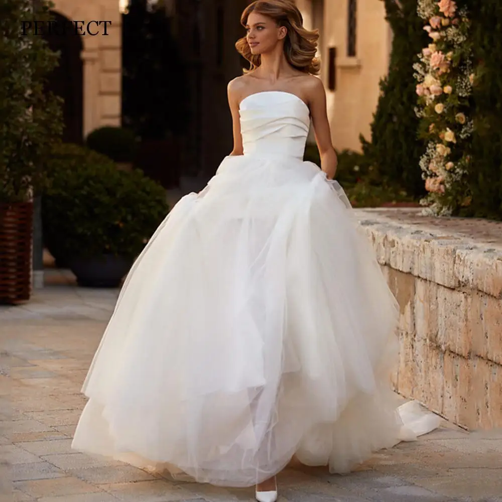 

PERFECT Simple Strapless Tulle Wedding Dresses For Women 2024 Plain A-Line Backless Bridal Gowns Court Train Vestidos De Novia